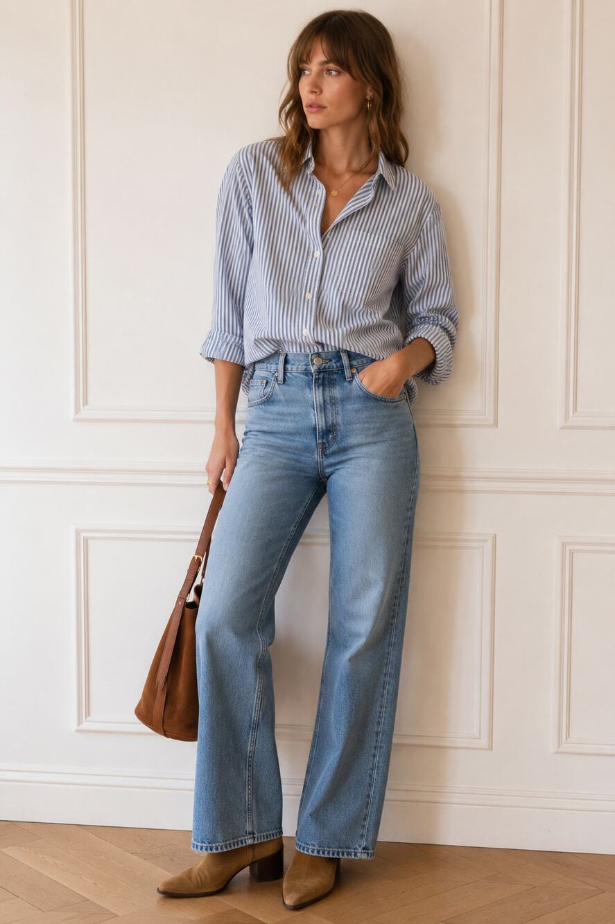 Sezane | Ecru and Sky Blue Pinstripe Tomboy Button-Up Shirt Cotton Size 36 US 4